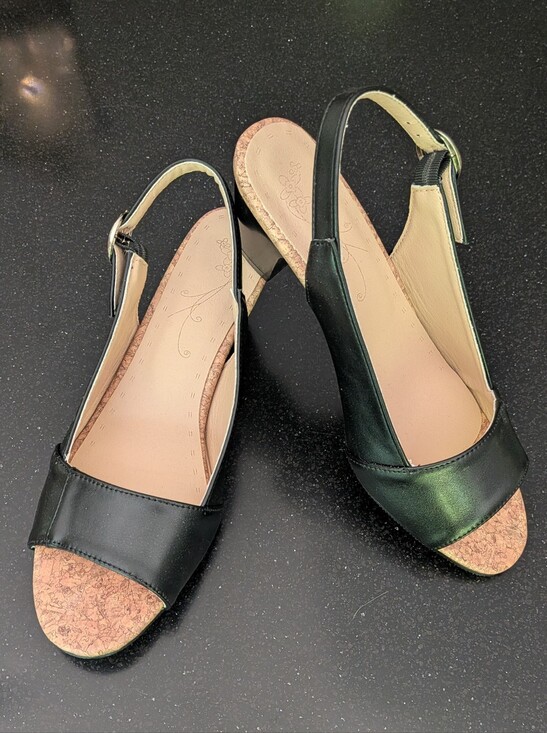 Shoes - Black Slingback Cork Block Heel Sandals Open Toe Size 38 US 7.5